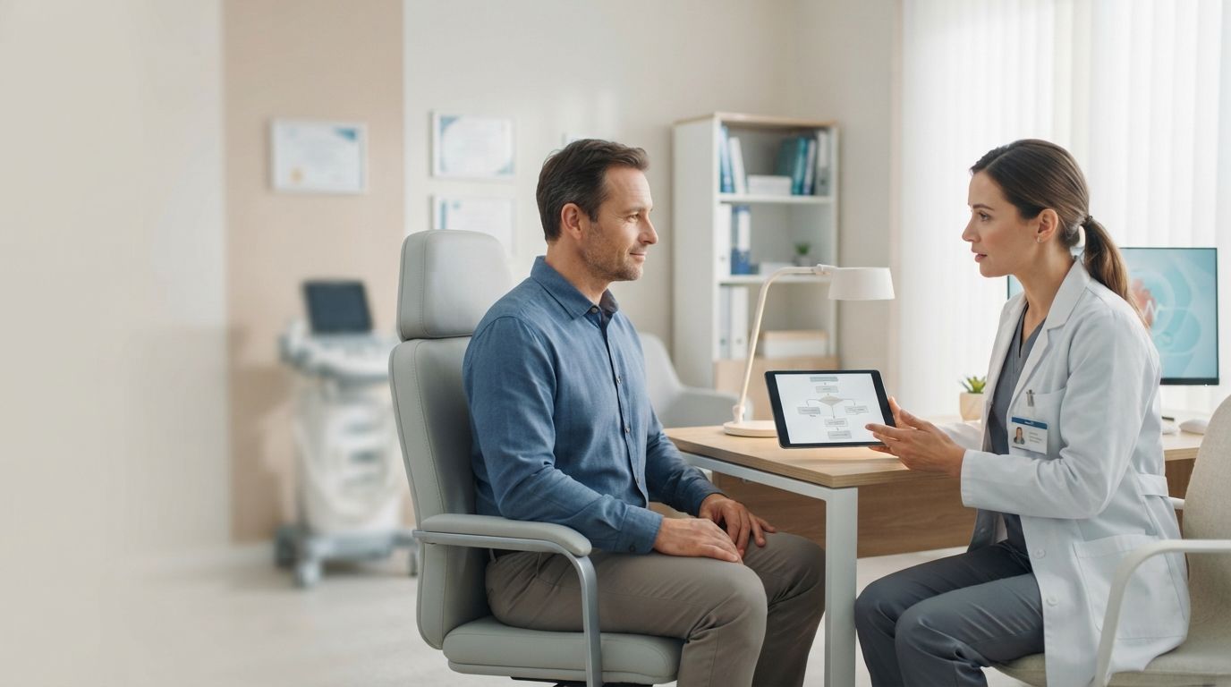 Эффективное лечение алкоголизма методом лазерного кодирования Врач показывает пациенту планшет